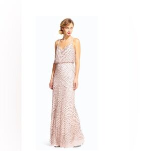 Adrianna Papell Art Deco Beaded Blouson Gown – Blush Gold – Size 16